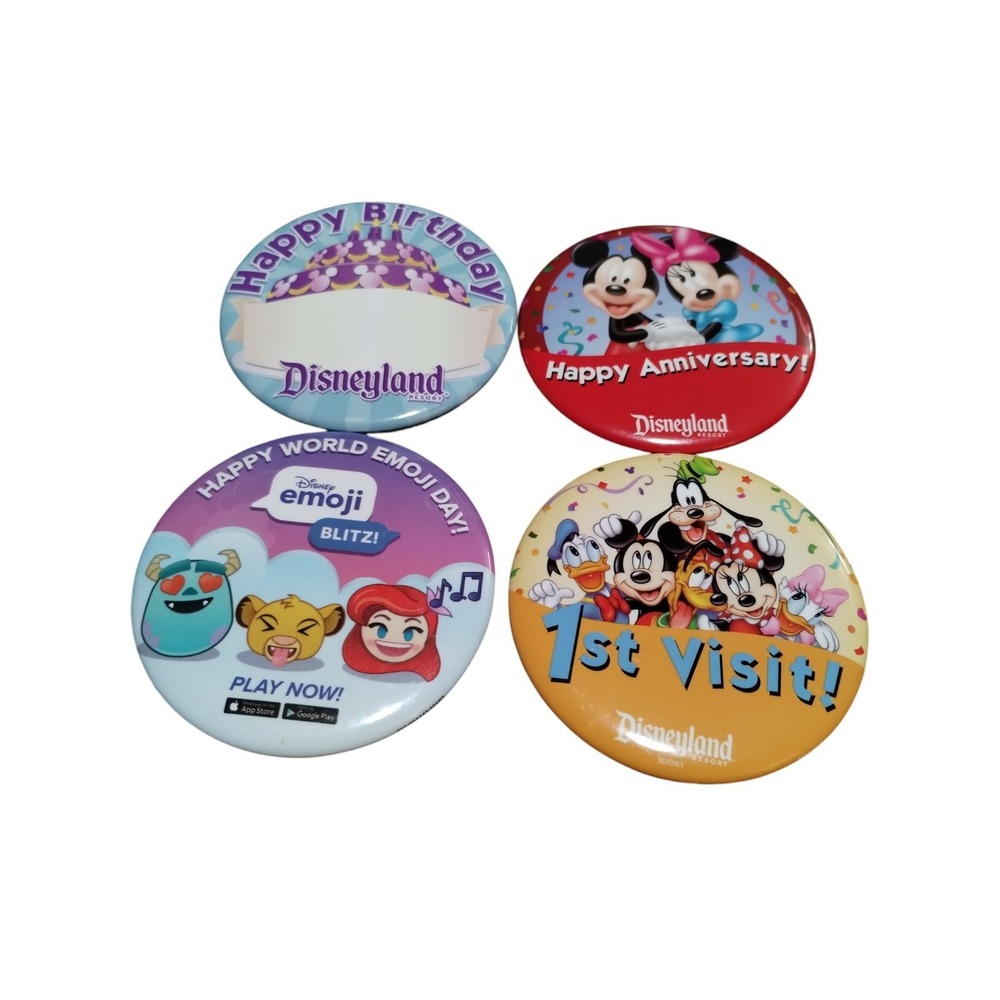 Disneyland Resort Celebration Buttons Lot of 4 1st Visit Birthday Emoji Blitz